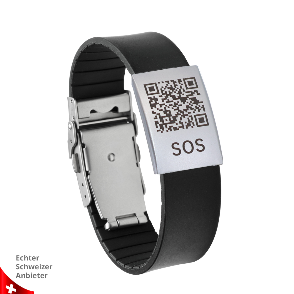 SOS Notfallarmband Silikon Schwarz – QR-Code & Schweizer Datenplattform