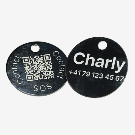 Tiermarke mit QR-Code und Lasergravur Rund aus Aluminium - Individuell gravierbar und Schweizer Datenplattform
