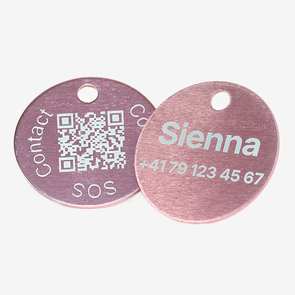Tiermarke mit QR-Code und Lasergravur Rund aus Aluminium - Individuell gravierbar und Schweizer Datenplattform