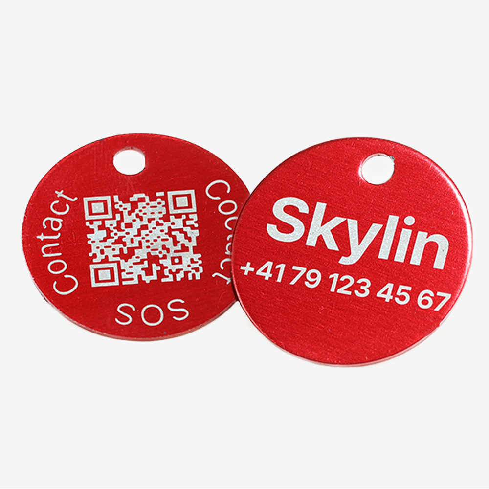 Tiermarke mit QR-Code und Lasergravur Rund aus Aluminium - Individuell gravierbar und Schweizer Datenplattform