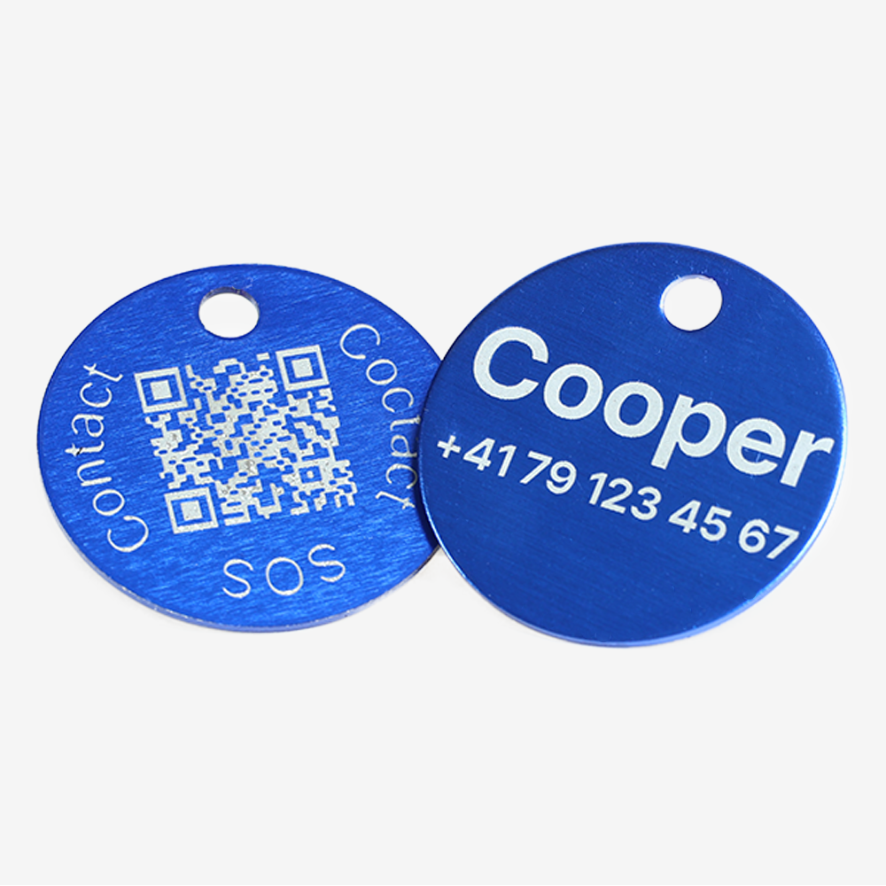 Hybrid QR Code & Custom Engraved Pet ID Tag – Round Aluminum, Personalized with Swiss Data Platform