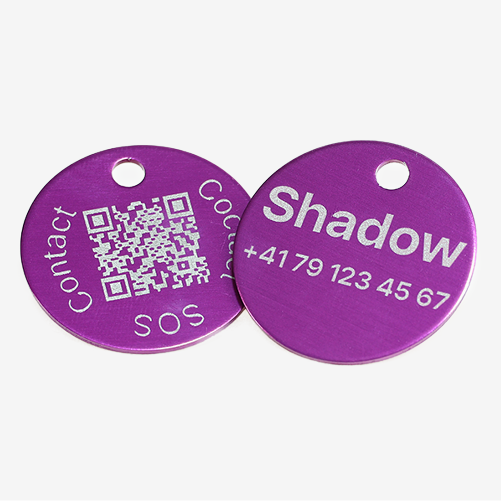 Tiermarke mit QR-Code und Lasergravur Rund aus Aluminium - Individuell gravierbar und Schweizer Datenplattform