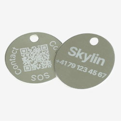 Tiermarke mit QR-Code und Lasergravur Rund aus Aluminium - Individuell gravierbar und Schweizer Datenplattform