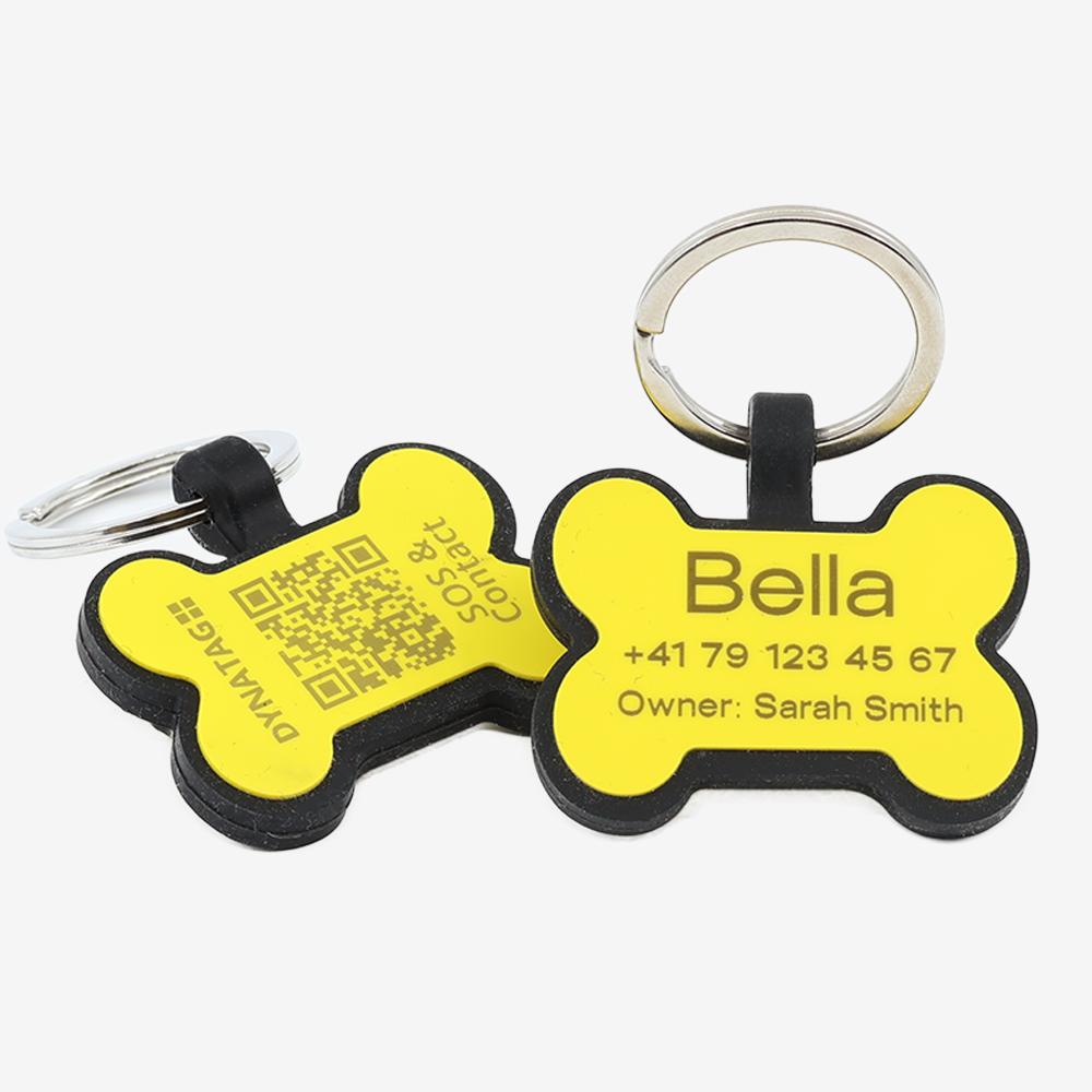 Personalized SOS Pet Tag - Bone Shape in Silicone with QR Code and Laser Engraving – Custom Engraved & Swiss Data Platform