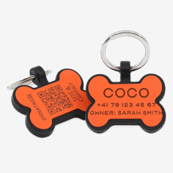 Hundemarke mit QR-Code und Lasergravur Knochen aus Silikon - Individuell gravierbar und Schweizer Datenplattform