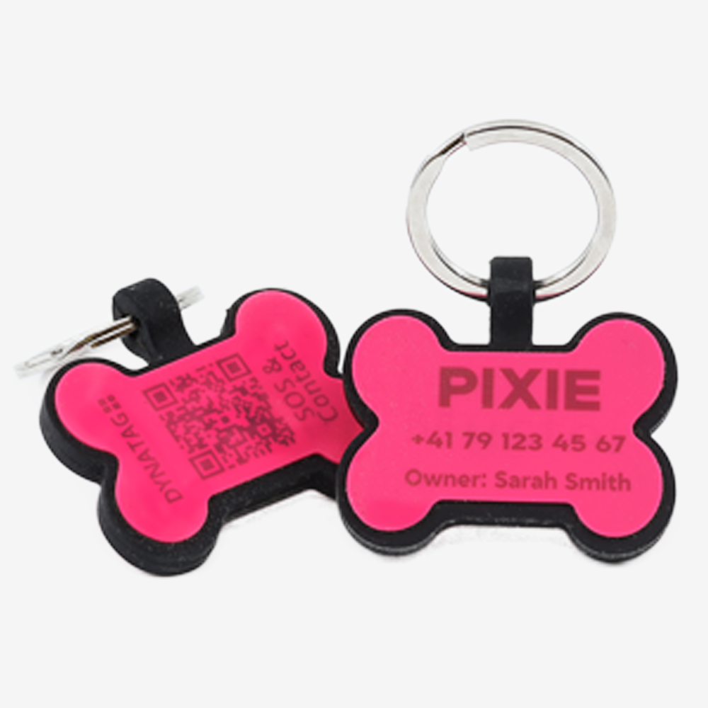 Personalized SOS Pet Tag - Bone Shape in Silicone with QR Code and Laser Engraving – Custom Engraved & Swiss Data Platform