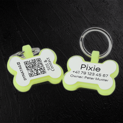 Hundemarke mit QR-Code und Lasergravur Knochen fluoreszierendem Silikon - Individuell gravierbar und Schweizer Datenplattform