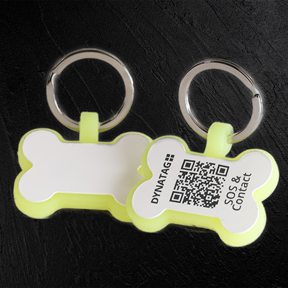 Glow-Edition SOS Pet Tag - Bone Shape in Silicone  with QR Code & Swiss Data Platform