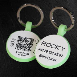 Tiermarke mit QR-Code und Lasergravur Rund aus fluoreszierendem Silikon - Individuell gravierbar und Schweizer Datenplattform