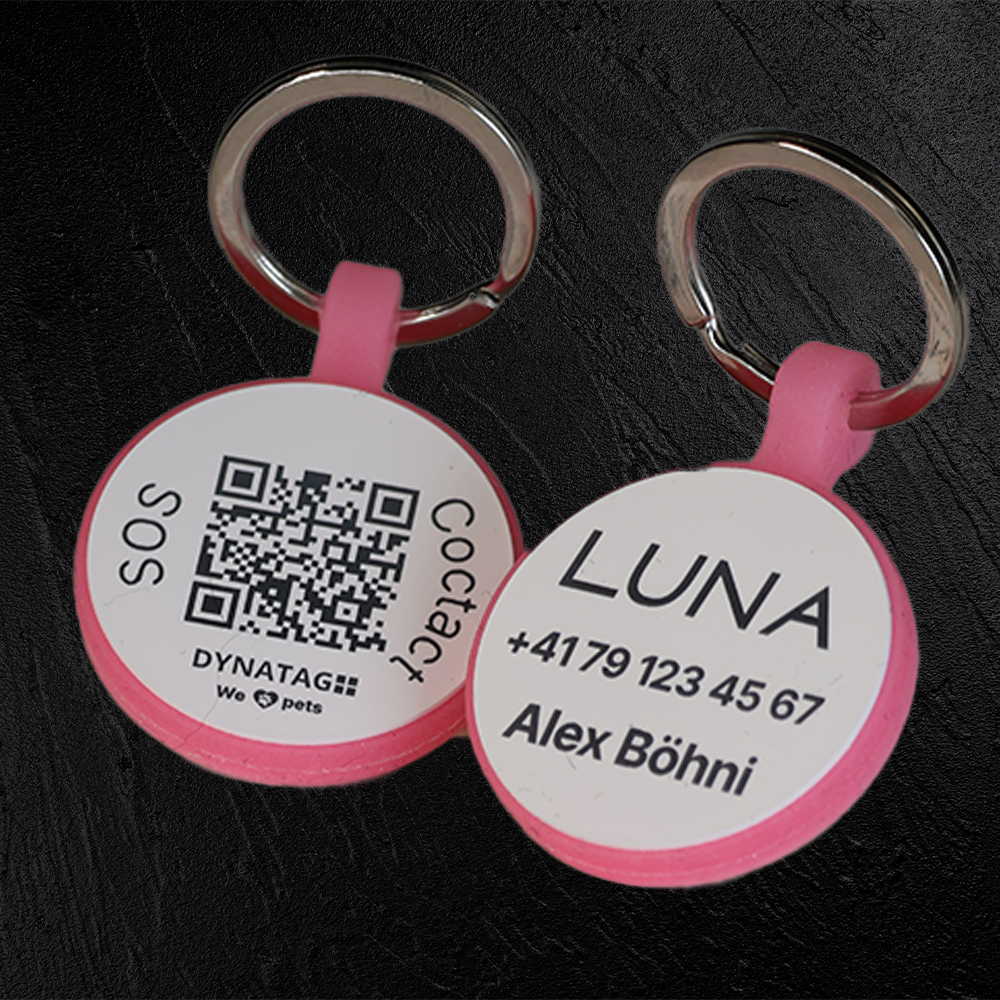 Tiermarke mit QR-Code und Lasergravur Rund aus fluoreszierendem Silikon - Individuell gravierbar und Schweizer Datenplattform